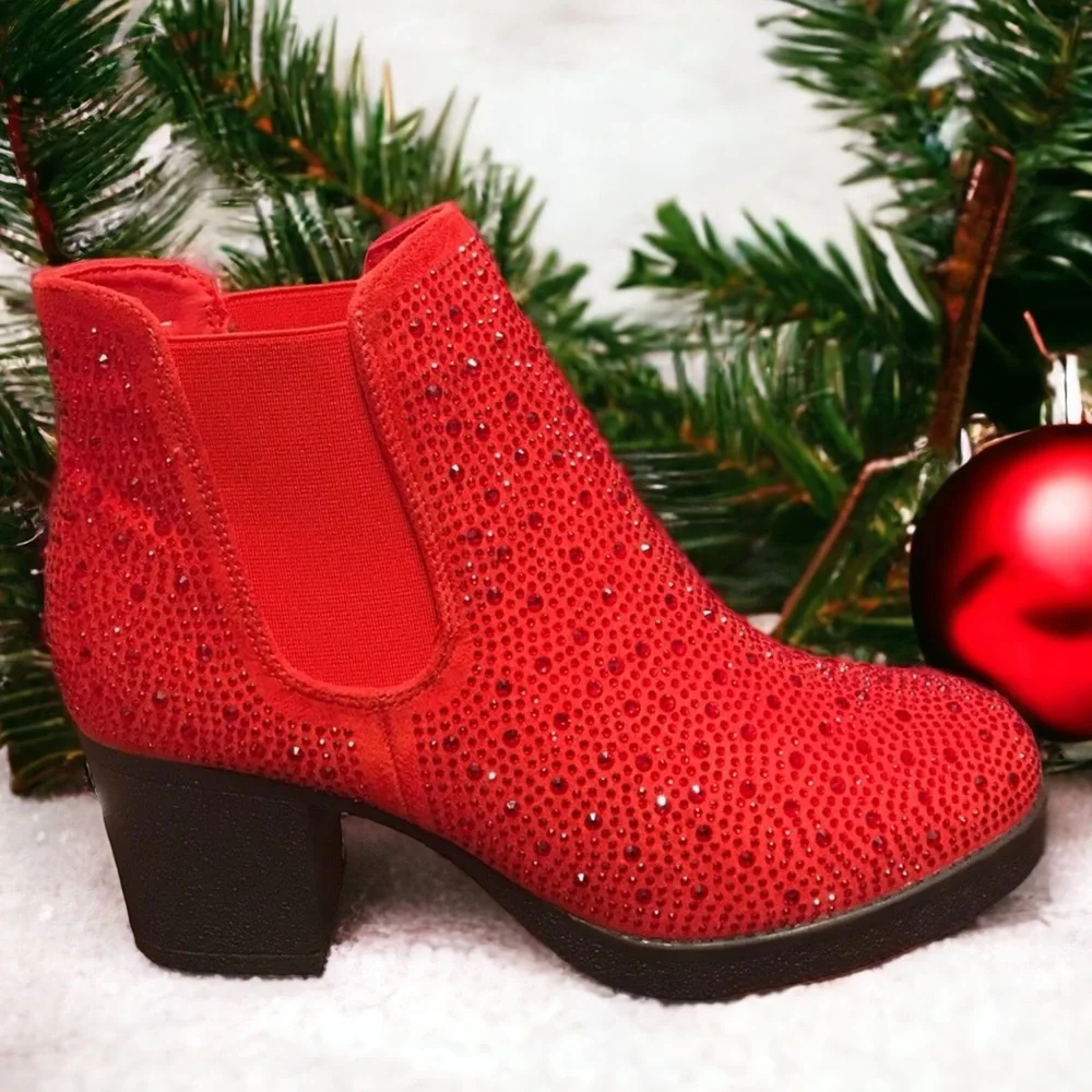 3 Left! Metallic Red Rhinestone Embellished Slip On Chelsea Heeled Booties